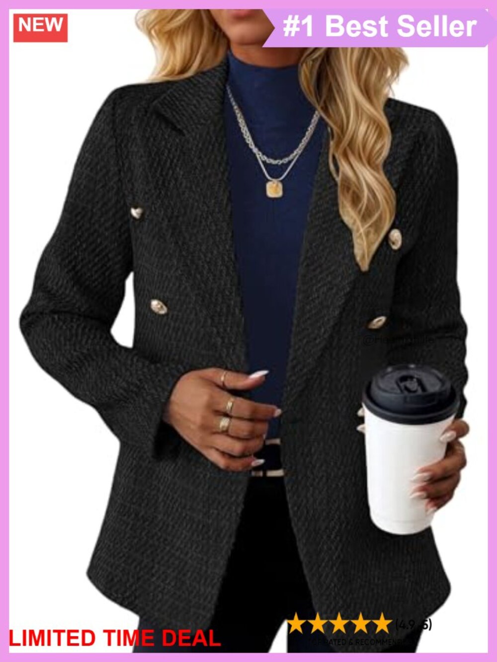 Women's Tweed Houndstooth Double-Breasted Blazer Business Casual